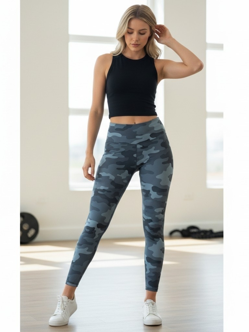 Fabletics PowerHold High-Rise Blue Camouflage Workout Leggings Size M